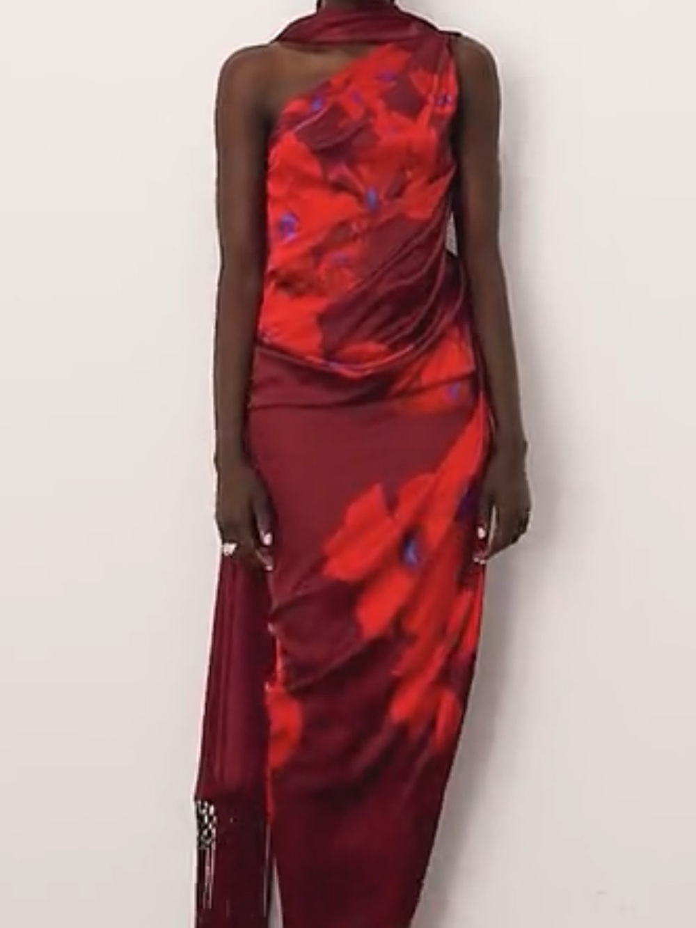 One-Shoulder Arrange Burgundy Red Floral Dress